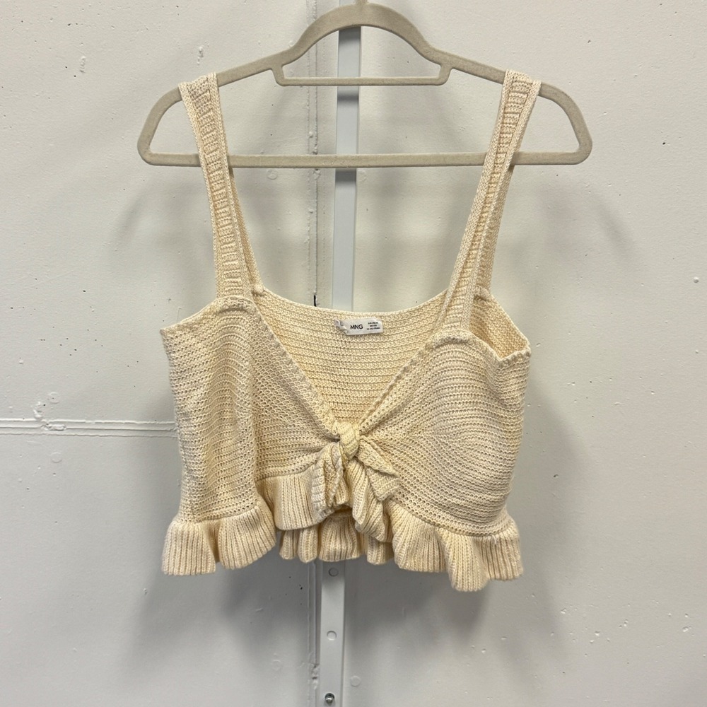 Mango MNG Cream Knit Tie Front Ruffle Hem Crop‎ Top XL 100% Cotton Cottagecore